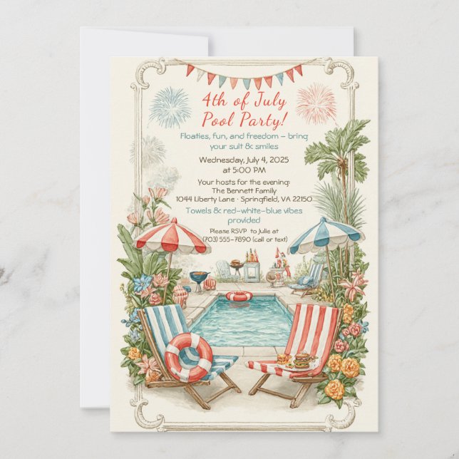 4th of July Pool Party Invitation – Elegant Line (Front)