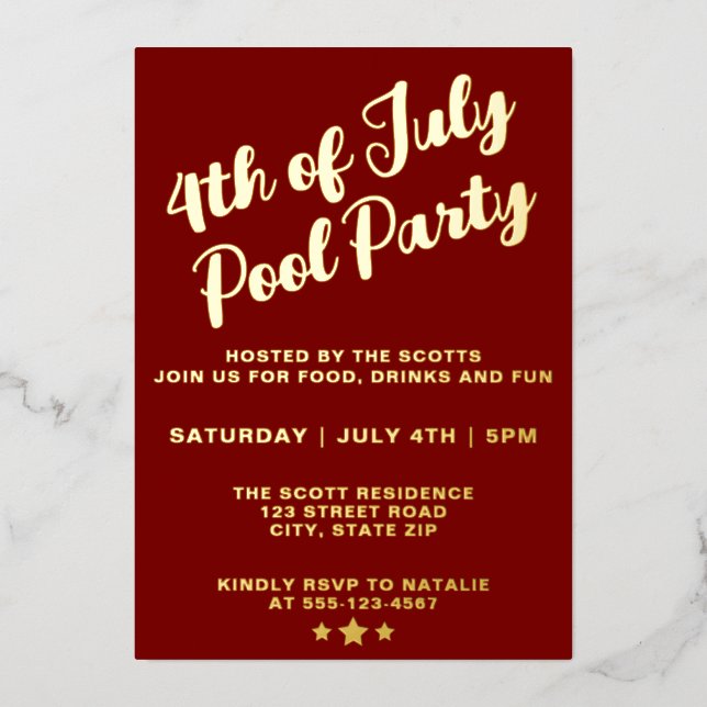 4th Of July Pool Party Red Elegant Script Foil Invitation (Front)