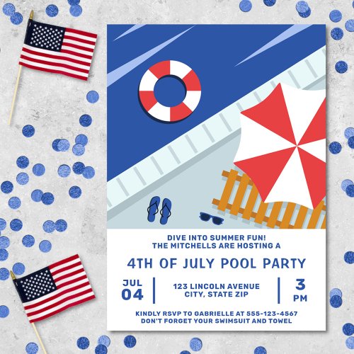 4th Of July Pool Party Red White  Blue Invitation