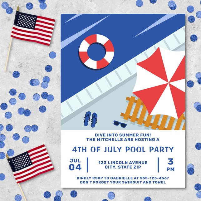 4th Of July Pool Party Red White & Blue Invitation (Fourth of July pool party invitation)