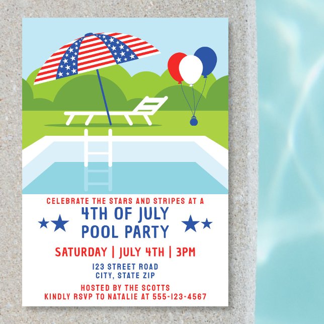 4th Of July Pool Party Stars And Stripes Modern Invitation (Poolside backdrop.)