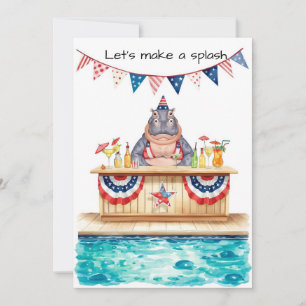 4th of July Pool Party with Hippo Invitation