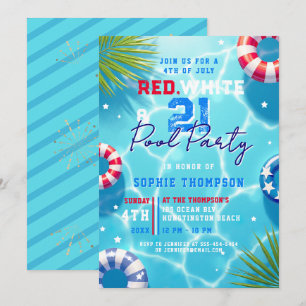 4th of July Pool Party Woman Modern 21st Birthday Invitation