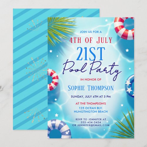 4th of July Pool Party Woman Trendy 21st Birthday Invitation