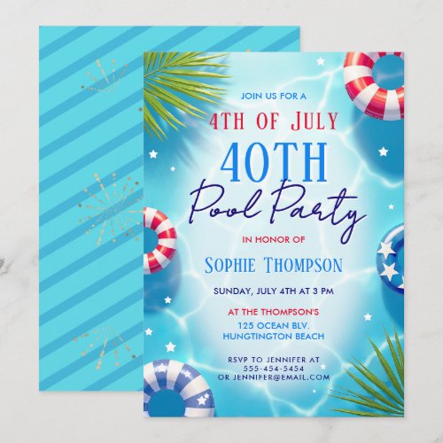 4th of July Pool Party Woman Trendy 40th Birthday Invitation