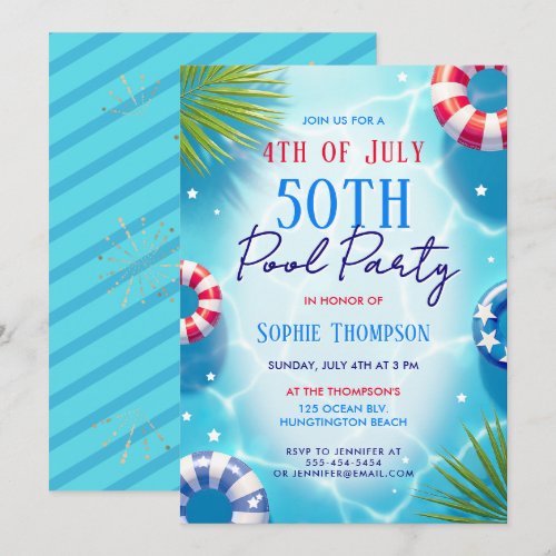 4th of July Pool Party Woman Trendy 50th Birthday Invitation