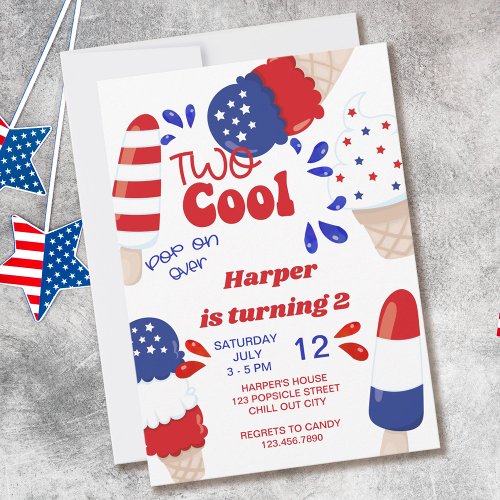 4th of July Popsicle Party Two Cool 2nd Birthday Invitation