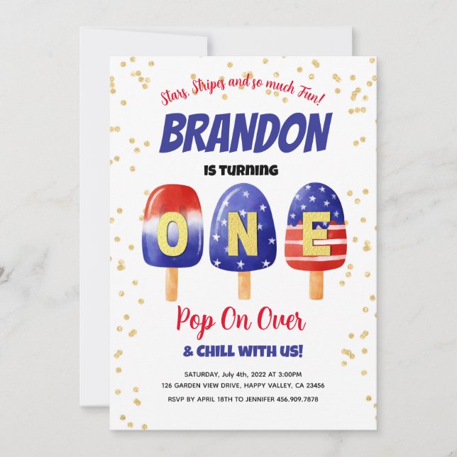 4th of July Popsicles Baby Boy 1st Birthday Party Invitation (Front)