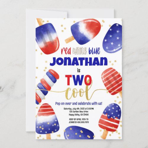 4th of July Popsicles Two Cool Kid 2nd Birthday Invitation