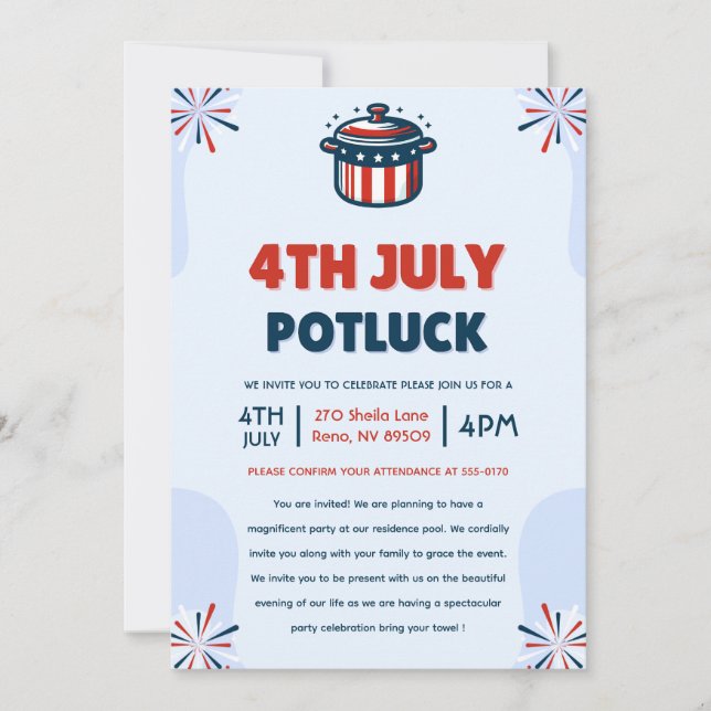 4th of July Potluck Party Invitation (Front)