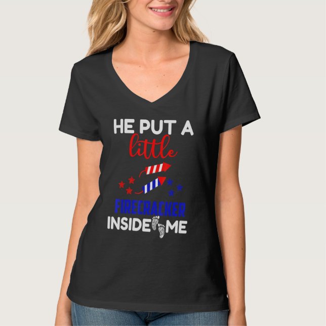 4th Of July Pregnancy Announcement Little Firecrac T-Shirt (Front)