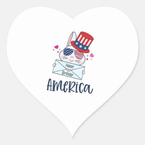 4th of July Rabbit with USA Flag Sun Glasses Heart Sticker