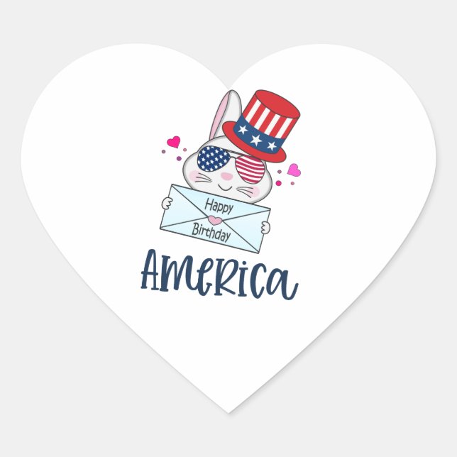 4th of July Rabbit with USA Flag Sun Glasses Heart Sticker (Front)