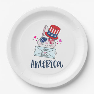 4th of July Rabbit with USA Flag Sun Glasses Paper Plates