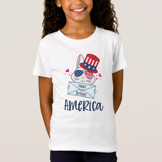 4th of July Rabbit with USA Flag Sun Glasses T-Shirt (Front)