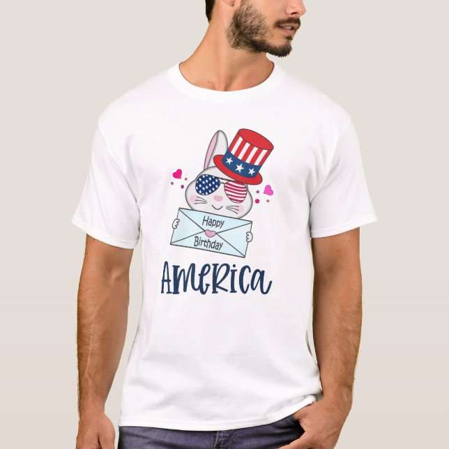 4th of July Rabbit with USA Flag Sun Glasses T-Shirt (Front)