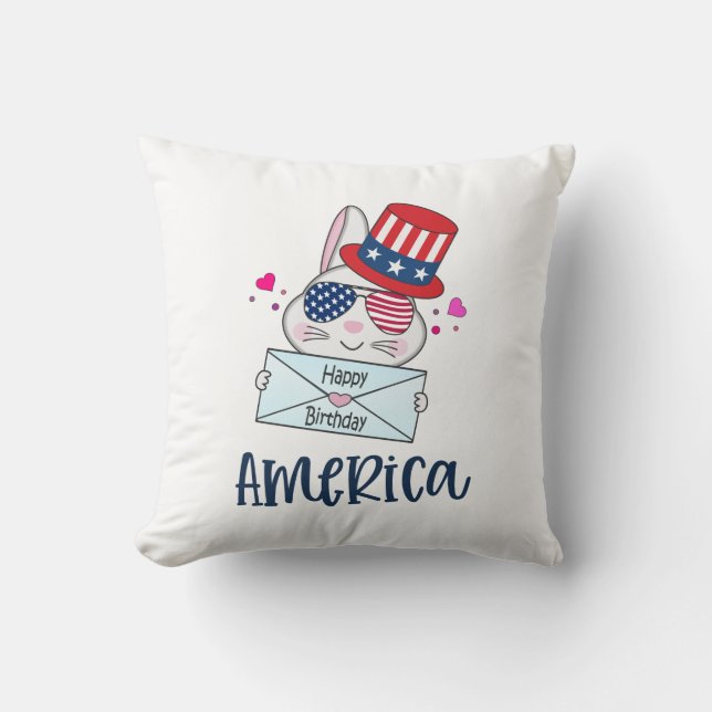 4th of July Rabbit with USA Flag Sun Glasses Throw Pillow (Front)