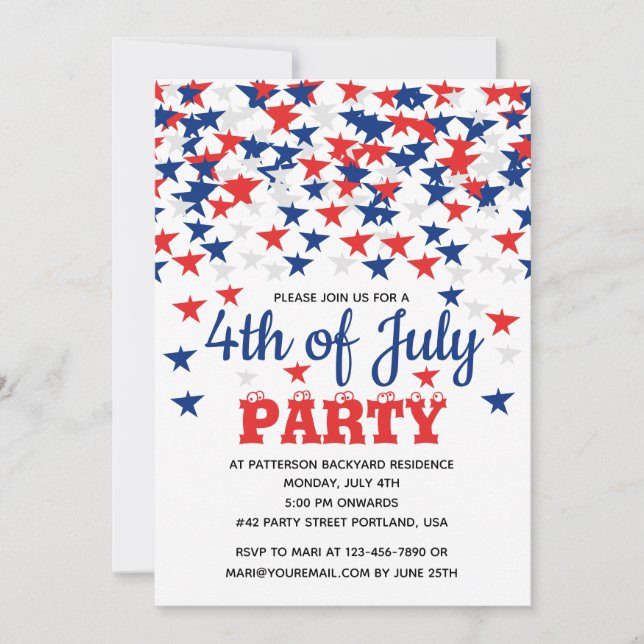 4th of July Raining Blue Red White Star Party Invitation (Front)