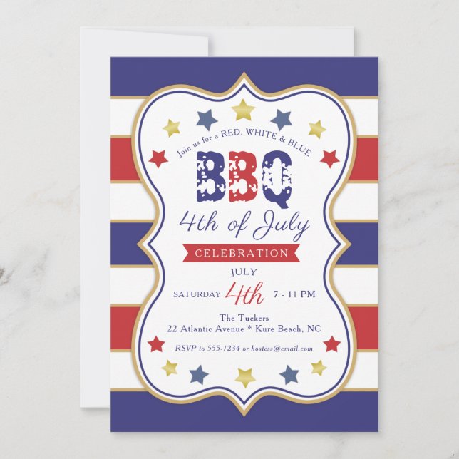 4th of July Red Blue Gold Stars Stripes BBQ Party Invitation (Front)