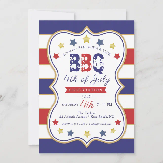 4th of July Red Blue Gold Stars Stripes BBQ Party Invitation | Zazzle