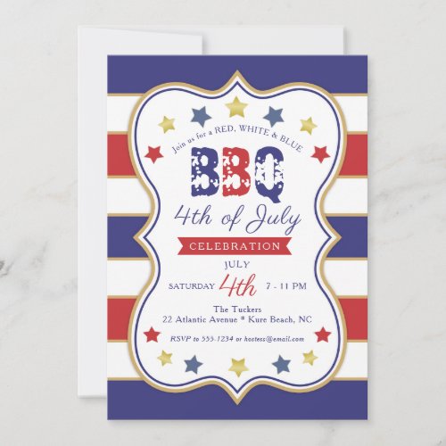 4th of July Red Blue Gold Stars Stripes BBQ Party Invitation