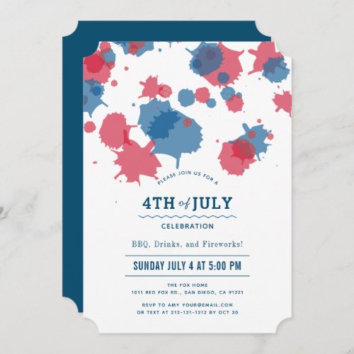 4th of July Red  Blue Splatters Party Invitation