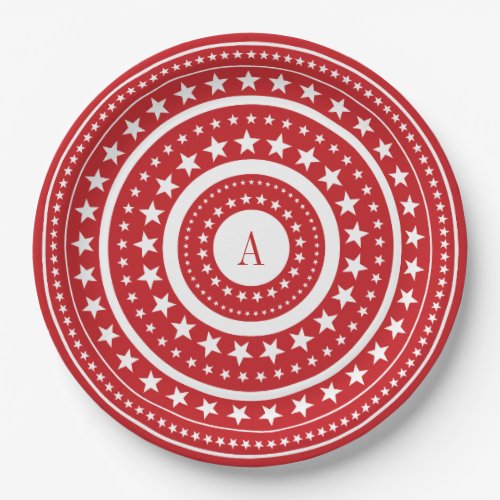 4th Of July Red Stars Monogram Party Paper Plates
