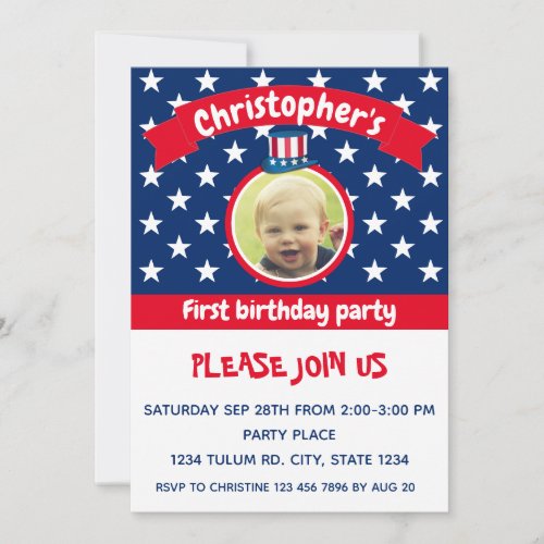 4th of July  Red White and Blue  1st Birthday  Invitation