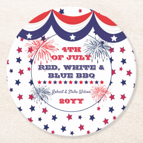4th of July Red White and Blue BBQ Classic Round Paper Coaster