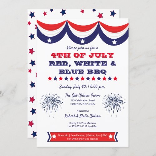 4th of July Red White and Blue BBQ  Invitation