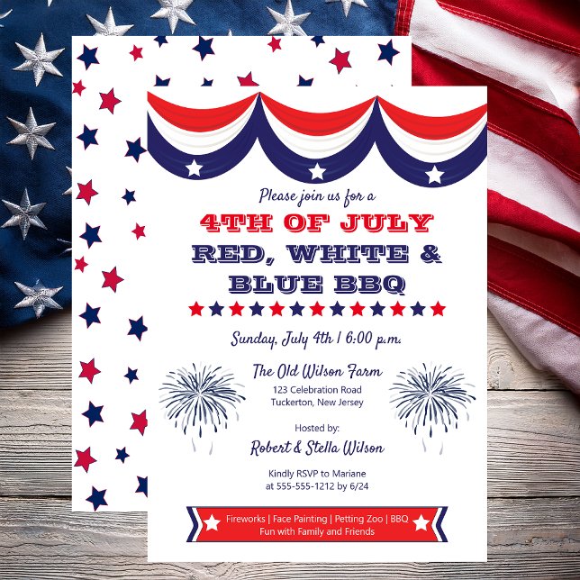 4th of July Red White and Blue BBQ  Invitation (Patriotic Bunting 4th of July Red, White and Blue BBQ Invitation - Print and/or Digital Download)