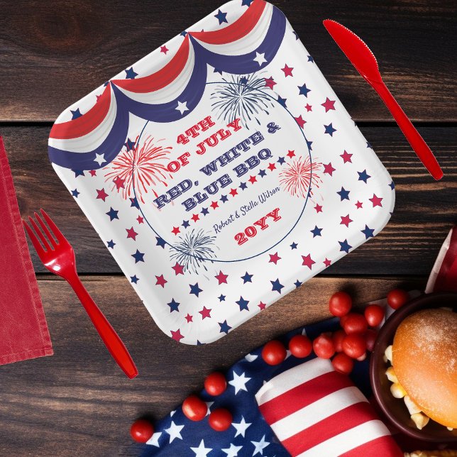 4th of July Red White and Blue BBQ Paper Plates (4th of July Red, White and Blue BBQ Square Paper Plates)