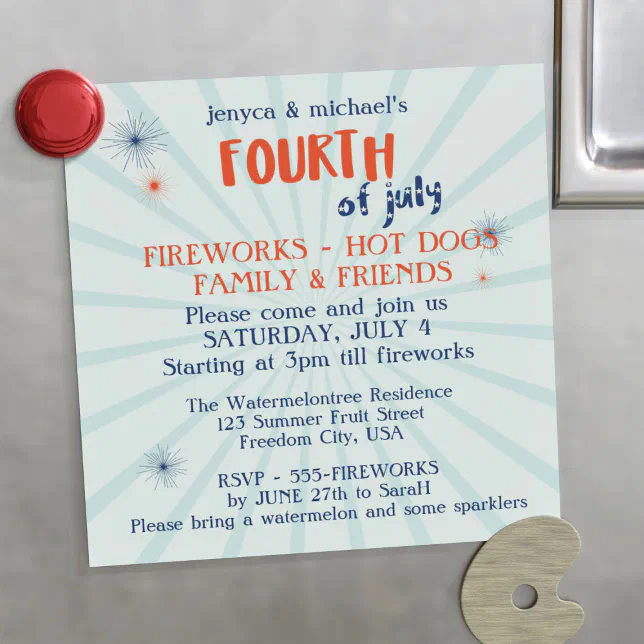 4th of July Red White and Blue Fireworks Party Magnetic Invitation | Zazzle