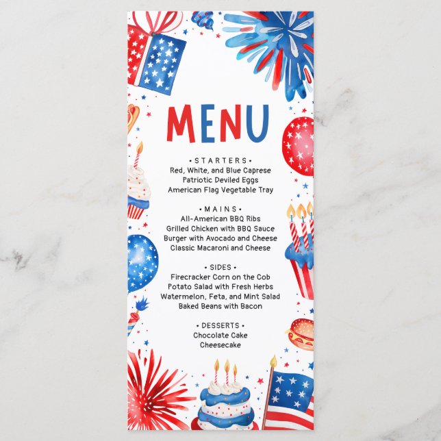 4th of July Red, White and Blue Patriotic Birthday Menu (Front)