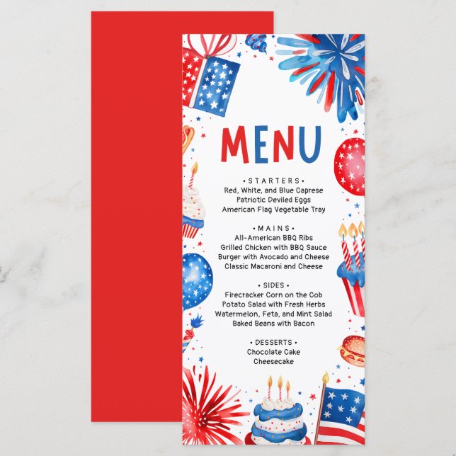 4th of July Red, White and Blue Patriotic Birthday Menu (Front/Back)