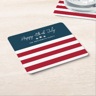 4th of July Red White And Blue Patriotic Monogram Square Paper Coaster