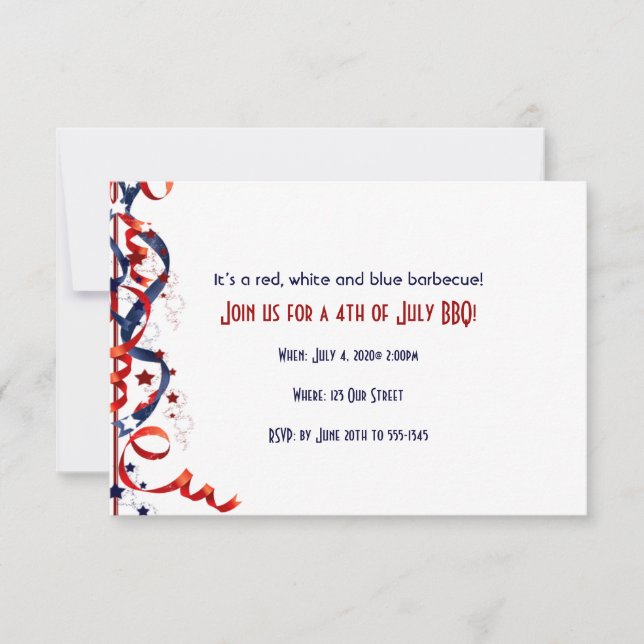 4th of July Red White and Blue Ribbons and Stars Invitation (Front)