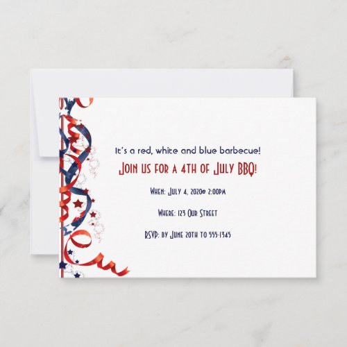 4th of July Red White and Blue Ribbons and Stars Personalized Invites