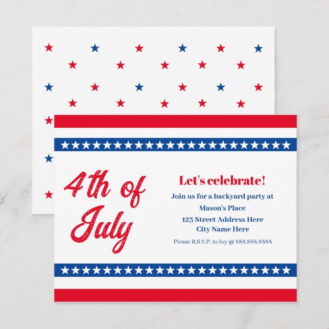 4th of July Red White and Blue Stars and Stripes Invitation (Front/Back)