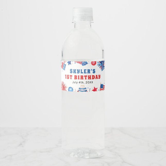 4th of July Red White and Blue Summer 1st Birthday Water Bottle Label (Front)