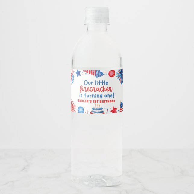 4th of July Red White and Blue Summer 1st Birthday Water Bottle Label (Front)