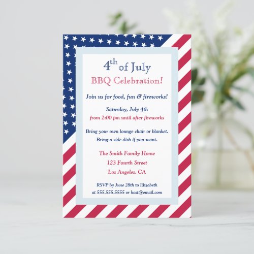 4th of July Red White Blue BBQ Party Stars Stripes Invitation