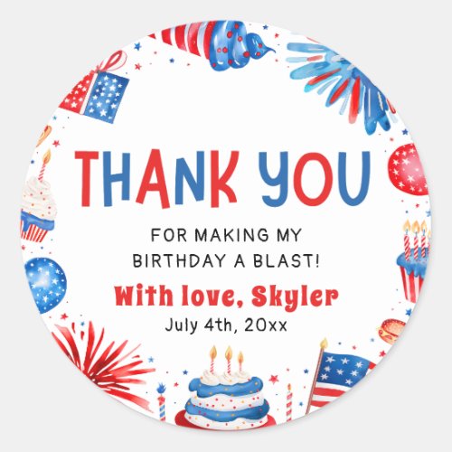 4th of July Red White Blue Birthday Thank You Classic Round Sticker