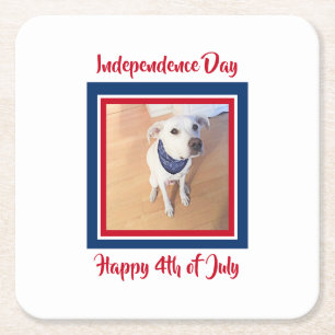 4th of July Red, White, Blue Cute White Puppy Dog Square Paper Coaster