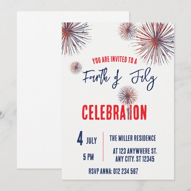 4th of July Red White Blue Fireworks Party  Invitation (Front/Back)