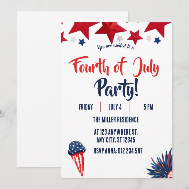 4th of July Red White Blue Fireworks Party  Invitation (Front/Back)
