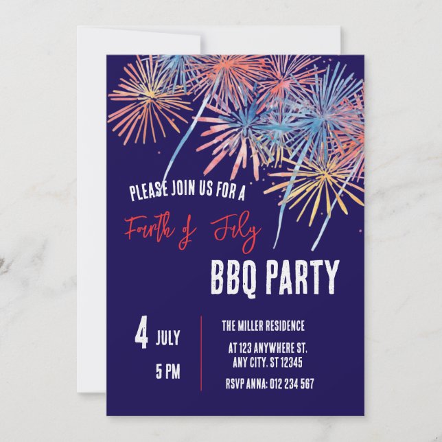 4th of July Red White Blue Fireworks Party  Invitation (Front)
