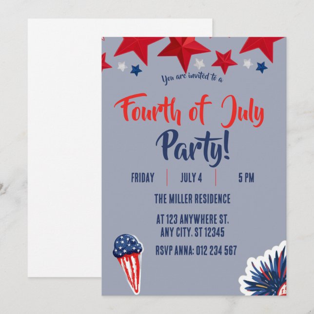 4th of July Red White Blue Fireworks Party  Invitation (Front/Back)