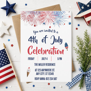 4th of July Red White Blue Fireworks Party  Invitation