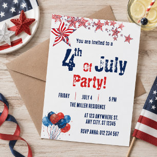 4th of July Red White Blue Fireworks Party  Invitation